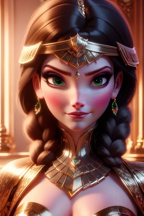 hyper realistic portrait shot of a beautiful egyptian queen, looking down proudly on the camera with her expressive green eyes, tanned skin tone , thin nose , black braided bob hair with golden accessories and jewelries , wearing a white see tough dress