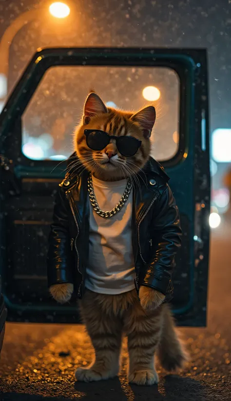 Prompt: The door of the Thar Jeep opens, and the muscular,small,  kitten with soaked fur, now-powerful kitten, dressed in a sleek black leather jacket and sunglasses, confident kitten steps out. It wears stylish sunglasses, a leather jacket, and a fitted w...