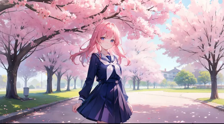 The schoolyard where the spring breeze blows、While cherry blossoms are in full bloom、A scene where a girl in uniform is staring at her distant senior。The girl smiles slightly shyly、It looks like they're in love。Bright sunlight and a gentle spring atmospher...