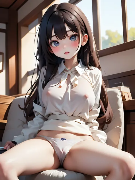 female high school student、 Wearing High School Uniform 、sit with your knees bent、white panties、plump body、Meaty thighs、big butt、sheer blouse