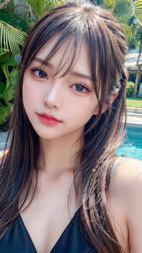 wearing black bikini,resort poolside,Body in front,Ultra-detailed, finely detail, hight resolution, 8K Wallpaper, Perfect dynamic composition, Beautiful detailed eyes,,Close-up of face,,Blushing,Facing forward,Long hair ponytail,((8K, Original photo, Best ...