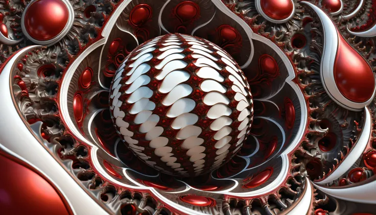 A globular mandelbulb fractal mass with striped made of leather, twisting in madness optical illusion, brown and white and red colors, futuristic cyberpunk mandelbulb striped leather fractal, smooth gradients, rich in details, high resolution, ultra-detail...