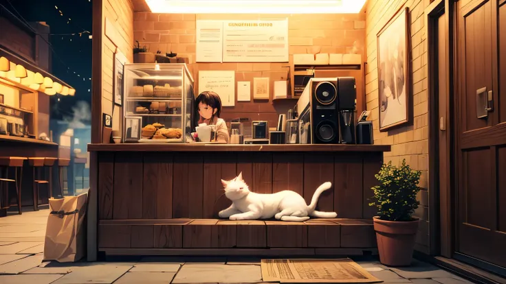 A nighttime coffee shop scene with a relaxing lofi vibe. The café has a cozy decor with soft neon lights contrasting with a warm glow coming from inside. A small, cute white cat with a few spots on its back is in the scene, lying on the floor. A poster on ...