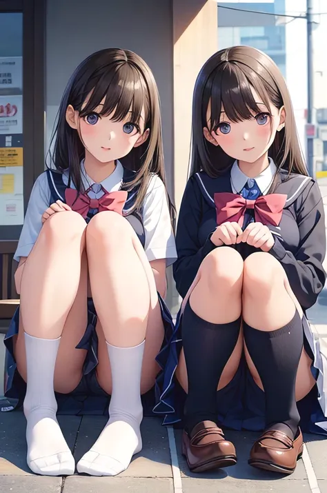 super detailed eyes, 大きな胸でviewers, viewers, There are 2 people walking down the street with their feet on skateboards, is wearing a skirt and high socks, large thighs, bare thighs, detailed feet looming over you, thick legs, I can see your feet, is wearing...