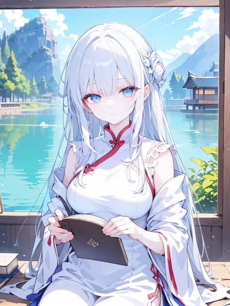 Ancient costume beauties,Fantasy novel beauties,Fantasy novel beauties,This is a high-resolution photograph featuring a young woman with fair skin and long,silvery-white hair,seated by a tranquil lake at dusk. She is dressed in a flowing,white traditional ...