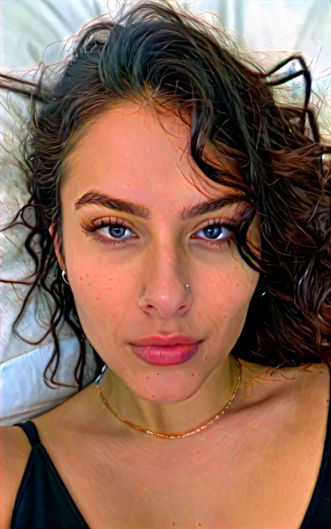 Photography,  RAW Photo,  beautiful 29-year-old Persian-Russian girl [ Vladlena Faridekh |Anahita Oksana ],  just woke up ,  take selfies in bed ,  transparent black nightdress,  thick, curly hair, detailed skin texture & pores, (goosebumps:0.7), looks at ...