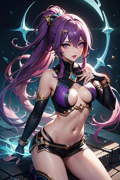 score_9, masterpiece, full body, league of legends, front view, upper body photo, andand alloutanandisa, 1 , Alone, and/and \(league of legends\), ponytail, hair ornament, very and rand hair, multicolored hair, Very long hair, hair between the eyes, hair c...