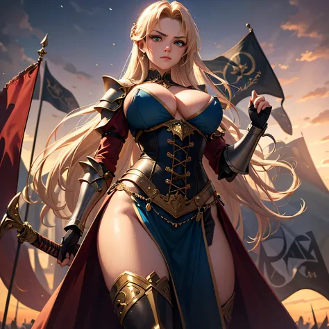 A regal fantasy portrait of Princess Aria, a beautiful young woman with long blonde hair and piercing blue eyes, wearing an elegant but suggestive battle attire. She's dressed in a form-fitting leather and light metal armor that accentuates her figure whil...