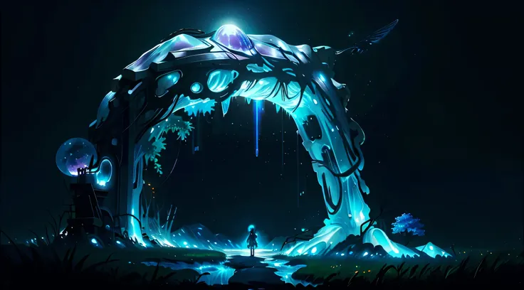 expansive landscape photograph , (a view from below that shows sky above and open field below), a girl standing on flower field looking up, (full moon:1.2), ( shooting stars:0.9), (nebula:1.3), distant mountain, tree BREAK
production art, (warm light sourc...
