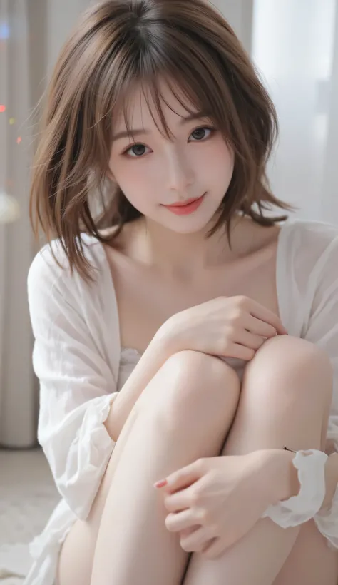 The face is positioned exactly in the center of the image , I'm sitting on the floor and holding my knees , The entire head is completely reflected , I can clearly see my face , Bangs, smile, Young and cute Japanese faces , High Definition CG Unity 8K Wa...