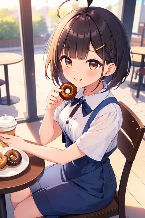 ((top quality)), ((masterpiece)), (Details), 1 girl。blunt bangs。Short Hair。braided ponytail。ahoge。Cute hair clip。 looks young。(small breasts)。(moving composition)。smile。 plain clothes 。 cafe terrace 。coffee。sit on a chair。 eating donuts 。