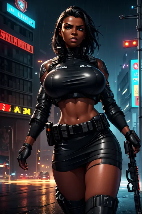 ebony skin, black skin, dark skin, pantyshot, skirt, underboob, police woman, high quality, detailed, photorealistic, 8K, professional, ultra-fine detail, physically-based rendering, sharp focus, HDR, vivid colors, dramatic lighting, moody atmosphere, neon...