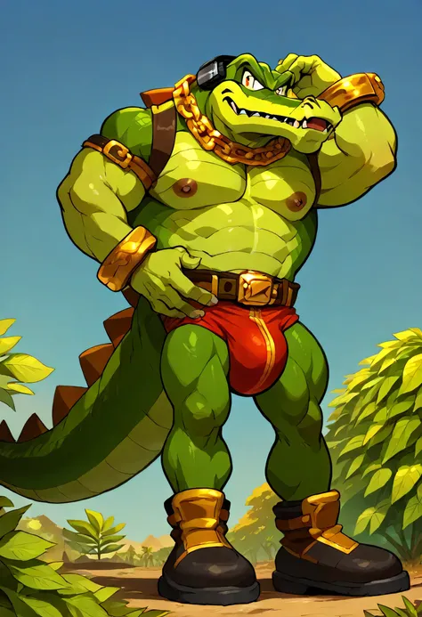 masterpiece, best quality, amazing quality, muscular, bara BREAK 1boy, solo, anthro, big male, anthro Crocodile, Vector the Crocodile, green skin, long tail, sharp claws, (very big muscles), outdoors, blue sky background, beanstalk background, sharp teeths...