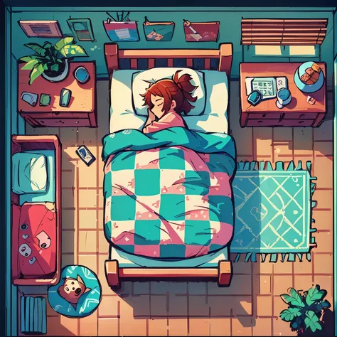 girl sleeping in bed, topdown view, 2D cartoon animated