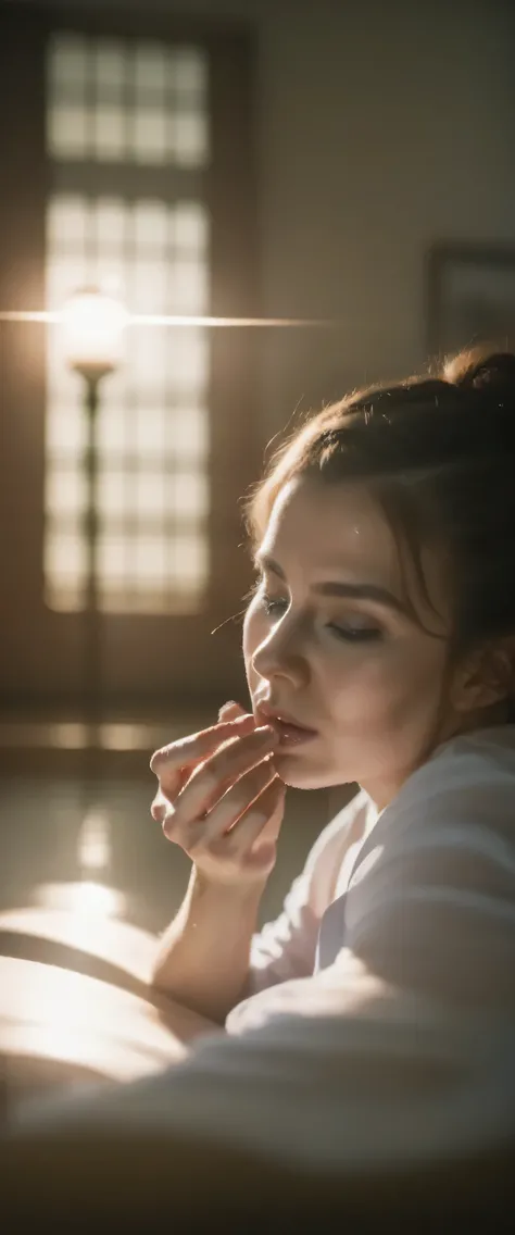 sfw,Detailed, highly realistic, cinematic scene of a woman giving a man oral sex, set in an intimate, dimly lit bedroom with soft, warm lighting, delicate textures, and a cozy, sensual atmosphere, masterpiece, 8K, HDR, physically-based rendering, ultra-det...