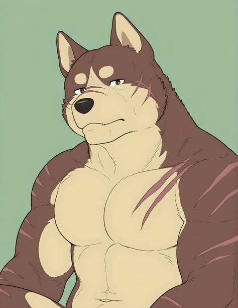 Riki (Ginga), anthro, dog, brown fur, large scars, male, solo, simple background, looking at viewer, flat color, half body, sitting, pecs, upper body