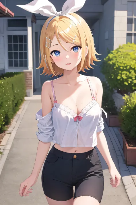 ((best quality)), ((masterpiece)), (detailed),1 girl。 Kagamine Rin。(moving composition)。A shirt with visible bra straps。coastal。stroll。