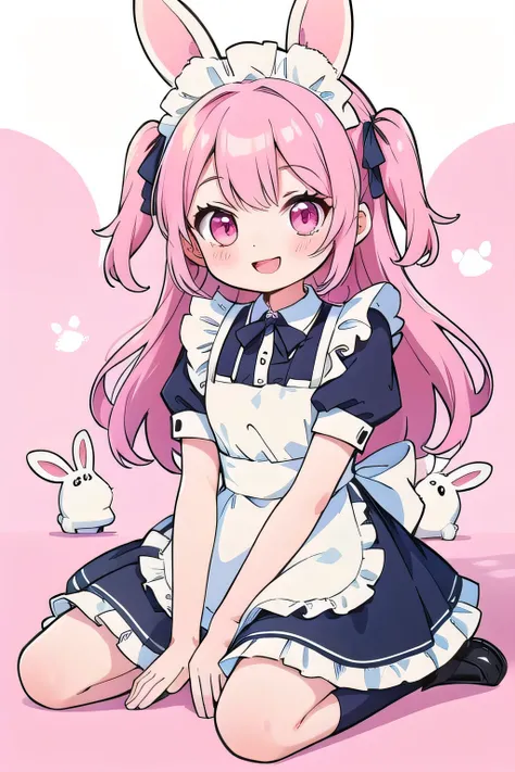 high quality,
1人の女の子,ちび,pink,rabbit,smile,maid,wariza,