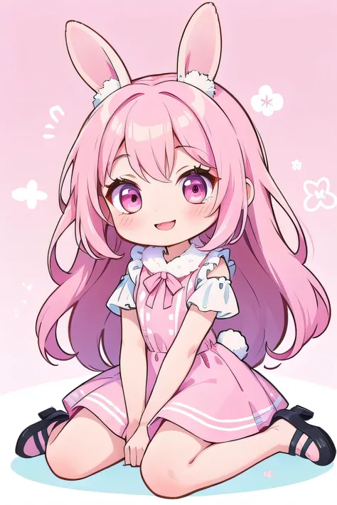 high quality,
hidden hair, chibi,pink,rabbit,smile, wariza,