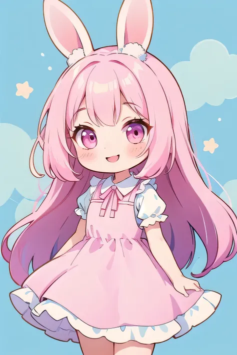 high quality,
hidden hair, chibi,pink,rabbit,smile,