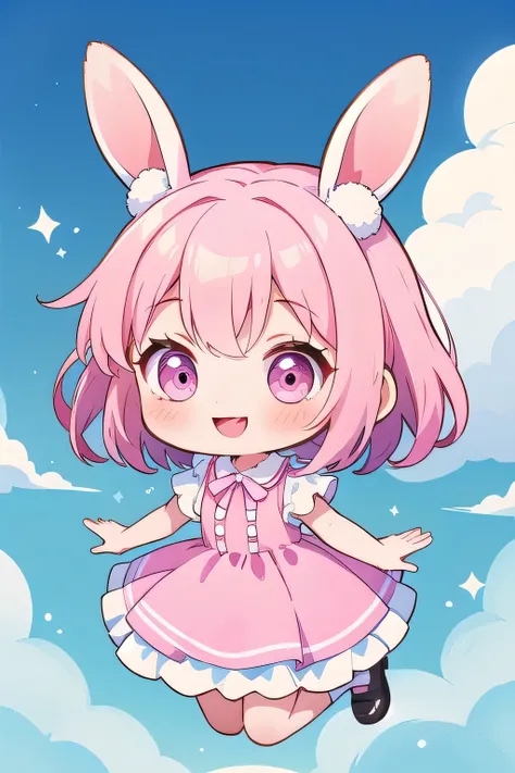 high quality,
hidden hair, chibi,pink,rabbit,smile,jumping,
