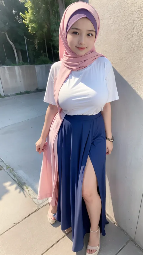 adorable, 1 girl, , baby face, smile shy, full body portrait, (face details: 1), (eye details: 1), ((big breasts)). wearing tshirt, long skirt, modern hijab colorful, (large breasts)... Cute posed. proportional body. Ultra High Res. realistic: 1.4, UHD