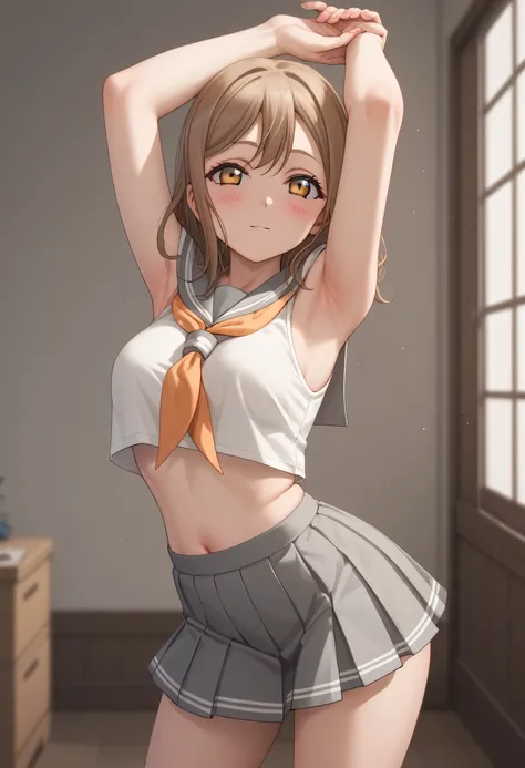 An image of Hanamaru Kunikida blushing, medium breasts, with Sailor Fuko in short gray skirt, with half bent feet posing with arms raised in a room,  approach from behind 