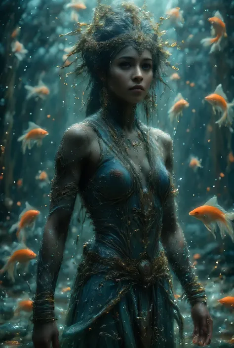 Extremely black-skinned African woman with delicate features, Ornate like an Egyptian goddess, Emerging from the water, water particles , goldfish rising around you, It's covered in jewels, Your dress is based on African tribal culture, Realistic photo, 4K...