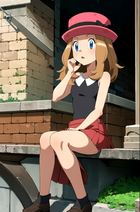 masterpiece, best quality, High Resolution, Outdoors, 1 girl who died, Alone, [Selina (Pokémon that give a sit), pink headwear, red skirt, black shirt, bare shoulders, viewers,