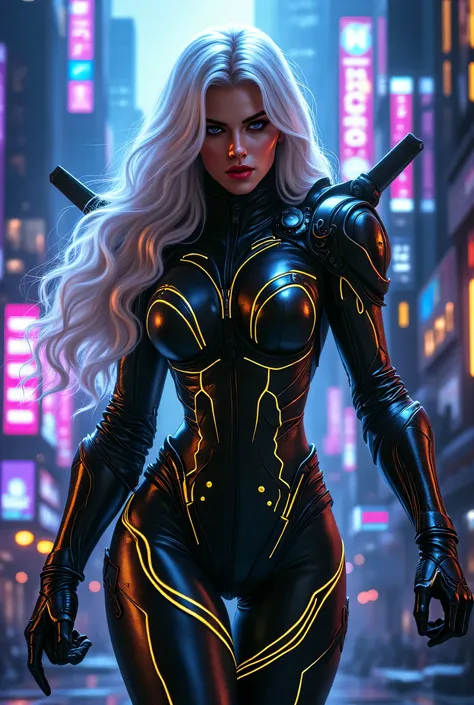  Young Felicia Hardy with long platinum hair, dressed in a futuristic black armored suit with neon gold lines and angry eyes, seductive figure, refined body, A cheerful look, Half a smile on your face, is moving through the neon metropolis of the future, s...