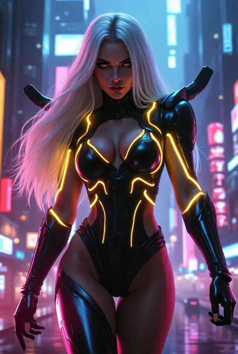  Young Felicia Hardy with long platinum hair, dressed in a futuristic black armored suit with neon gold lines and angry eyes, seductive figure, refined body, A cheerful look, Half a smile on your face, is moving through the neon metropolis of the future, s...