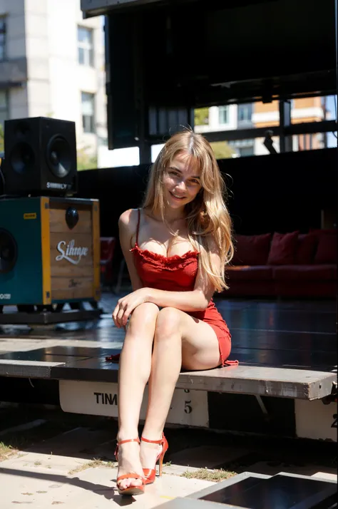 girl, on stage, blonde hair, red dress, bust, red heels, girlfriend sofiax, looking at viewer, smirk, sitting on speaker set, side 