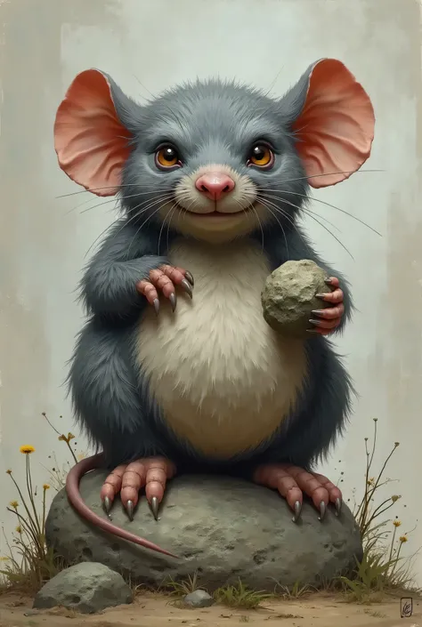 ratman sit on stone, grey fur, low height, fat body, large ears, small stone in right hand, grey fur stomach