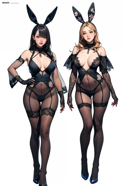 (Masterpiece,best quality,extremely detailed,ultra-detailed, perfect detailed face,perfect anatomy:1.3),photo-realistic,full body,Two beautiful Japanese women illustration, 25years old,(Three women standing side by side),(bunny_ears),earrings, (transparent...