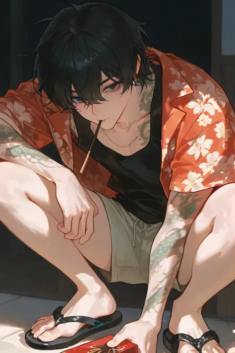 "걸작, 최고 품질, 울트라 디테일, 고해상도, 날카로운 초점, 정교한 디테일, 선명한 색상, 깔끔한 아웃라인, 정제된 렌더링.
1boy, messy black hair, sharp eyes, wearing a floral Hawaiian shirt over a black tank top, navy shorts, black flip-flops, crouching pose, holding a box of Pocky, Pocky stick in mouth,...