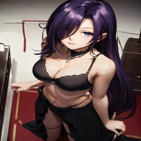 purple haired girl and black underwear posing indoors, seductive girl, beautiful and alluring woman, attractive girl, nice details. female front line, ecchi, from female front line, noire moody scene.