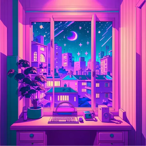 This is a (((anime art print lofi))) of a dreamy and soft y2k bedroom. The bedroom is cozy and nostalgic. ((The lofi and and aesthetic y2k are important.)) Includes a desk and a bookcase messy filled with vintage charm. Includes a retro computer on the de...