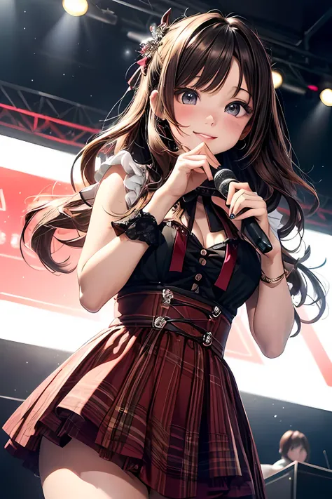 ((masterpiece)), ((best quality)), (ultra-detailed), ((kawaii)), cute, (lovely), ((extremely detailed)), 4K, (8K), best quality, (beautiful), illustration, cowboy shot, a pretty woman, solo, pop star, (idol costume), beautiful brown hair, beautiful brown e...