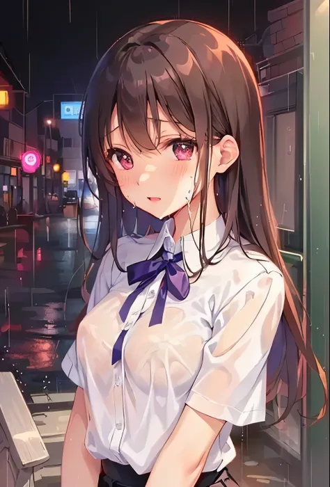 , have transparent nipples、embarrassed expression、is wet、anime girl in pink shirt and black skirt standing in the rain, cute girl anime visual,  anime moe art style, Bewitching Anime Girl,  Smooth Anime CG Art,  Anime Visuals of Young Women , beautiful ani...