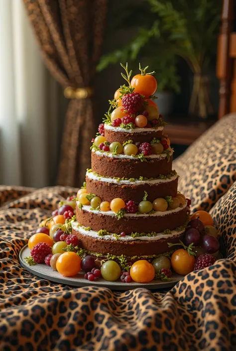 On the nightstand next to the bed is a beautiful chocolate and pistachio five-tier cake, decorated with creme brulee fruits and grapes and leopard print strawberry bedding. 