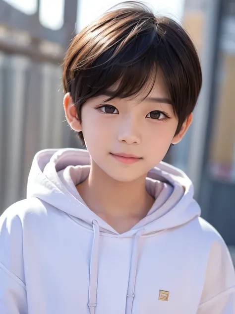 1 Cute Kawaii  Asian Cute Sister Disguised as a Boy to Become a Little Brother, Elementary School Senior, Alone, Hairstyle is Very Short Hair Like a Boy, Uses Sarashi to Press Chest to Become a Boy, Cute Boyish Expression, Light Smile, Boyish Hoodie, Yangc...