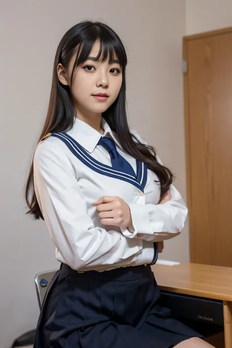 There is a woman in uniform posing in a room, a hyperrealistic student, a hyperrealistic student, Young engraving idol, Japan school uniform, Realistic Young Gravure Idol, Young engraving idol bonita, handsome student, of a student posing, wearing japanese...