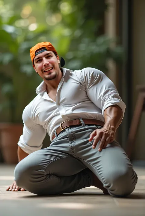 Fotografía realista, 35-year-old muscular (((atletic man))) , crawling on the floor, View from below, nalgon de perfil, stripe white formal shirt and very tight light gray jeans, brown belt, de perfil, Big butt, viendo a cámara, ojos negros, en el patio, h...