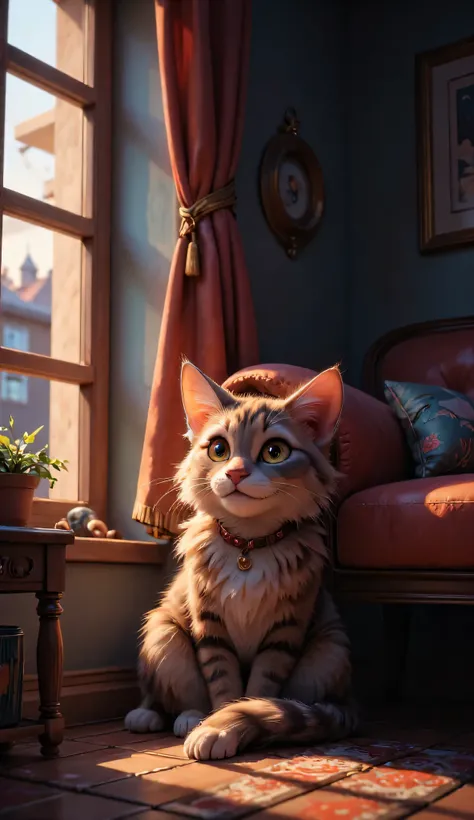 a cute sleepy cat with a smile sitting beside the sofa while leaned on the wall of the sofa; The scene features a couch in the living room in the evening