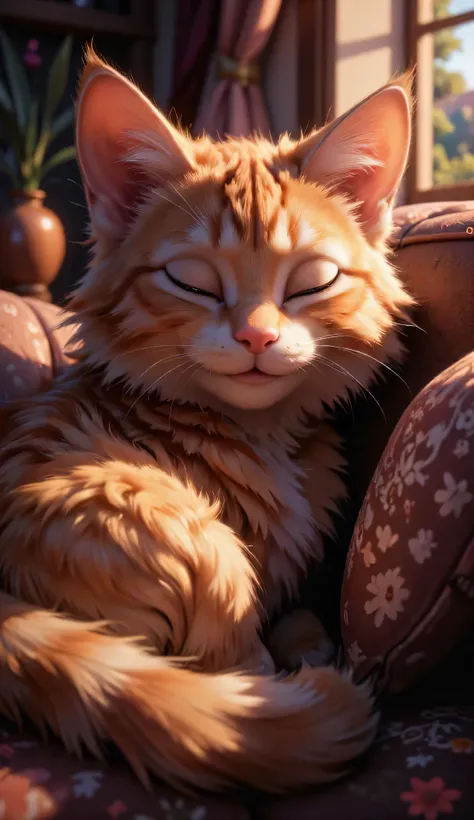a cute sleepy cat with a smile and closed eyes sitting beside the sofa while leaned on the wall of the sofa; The scene features a couch in the living room in the evening