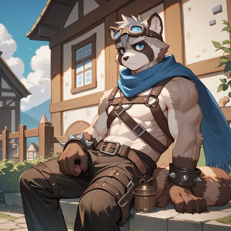 solo, furry, kemono, raccoon, grey body, spiked grey hair, Detailed body fur, long blue scarf, leather_harness, dark brown baggy pants, goggles, masterpiece, gray body, Detailed face, big eyebrows, blue eyes, detailed eyes, No muscles, Detailed hands, Flat...