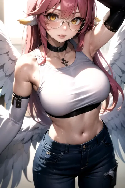 jibril, BREAK jibril, angel, angel wings, collar, animal ears, bird ears, compass rose halo, feathered wings, feathers, gradient hair, halo, long hair, low wings, multicolored hair, pink hair, symbol-shaped pupils, big breast, white wings, wing ears, wings...