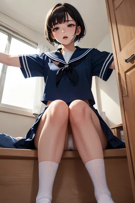 ((top quality)), ((masterpiece)), (details), (a girl), beautiful, ((blue sailor uniform)), short shiny black hair, private room, sitting next to viewer, ((sleepy eyes)), black eyes, embarrassed, from below, ((white socks)), waiting for kiss, ((faint lips))...