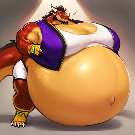 Red and yellow skinned bara dragon, fully body, very large pecs, strong physique, very fat, obese, fat belly, massive belly, round belly, perfect anatomy, masterpiece, black beard, black eyes, strong jaw, giant biceps, sharp tail, purple sleeveless jacket,...