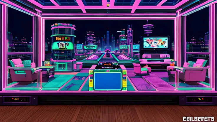 Keyword: Wander Games Style: Clean and Modern Background: Futuristic city scenery with neon lights Activity: Displaying a variety of video game consoles and accessories Poses: Energetic and enthusiastic characters playing video games Expression: Excitement...